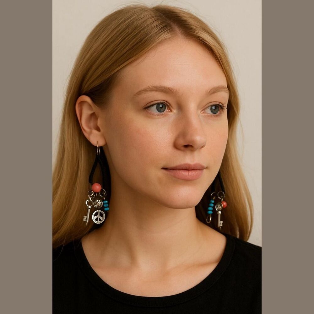 Women's Unbranded Black Silver Turquoise Coral Charm Dangle Earrings One Size